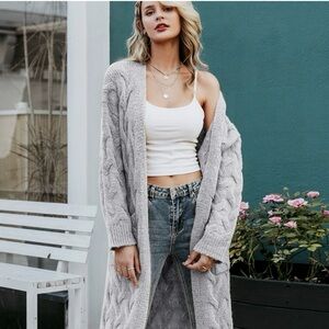 Joie Light Gray Cable Knit Open-Front Long Cardigan XL